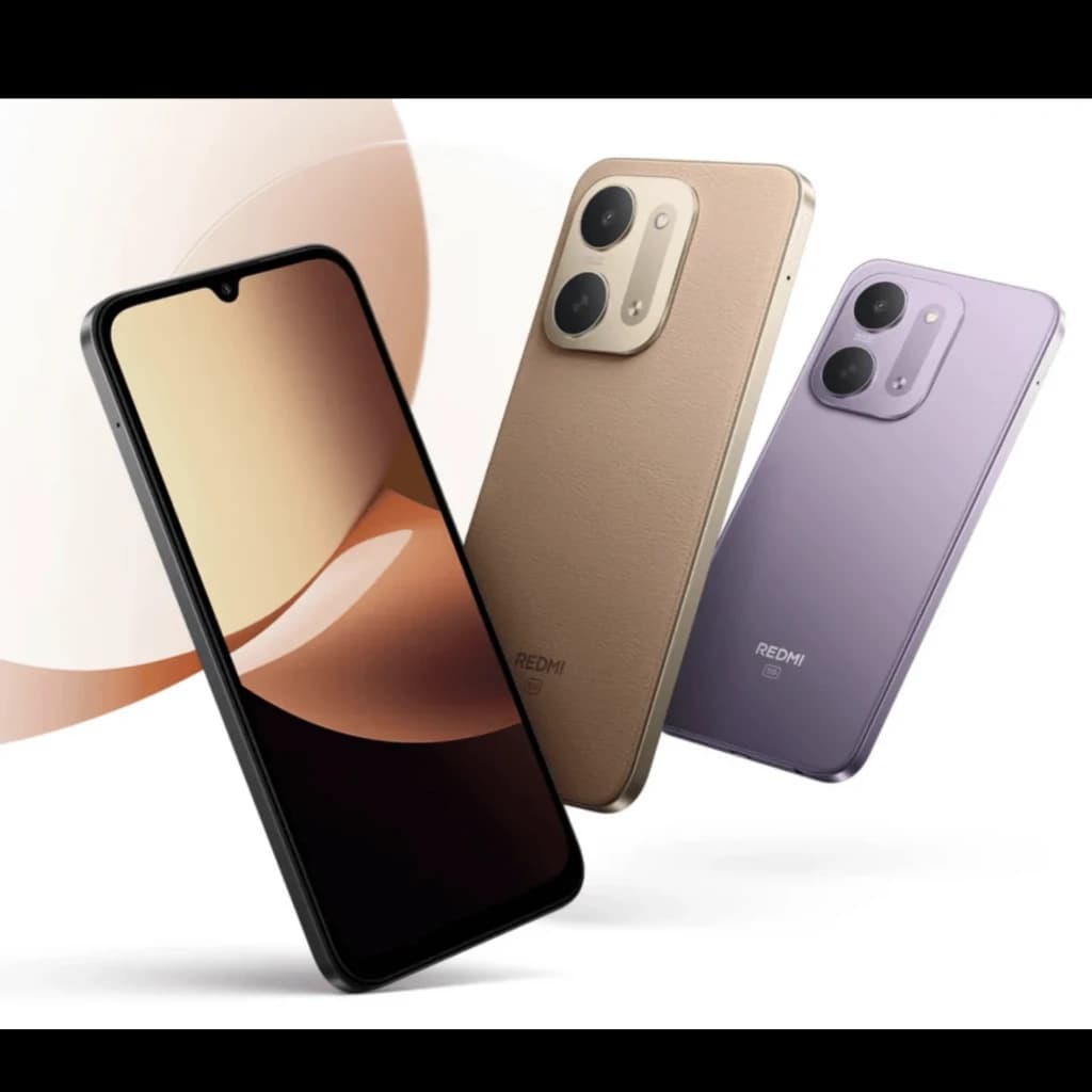 Xiaomi Redmi 17C 5G Castanho com traseira texturizada, módulo duplo de câmeras grandes, tela de 6,9 polegadas e bateria de 6000mAh; inclui versão Lilás ao