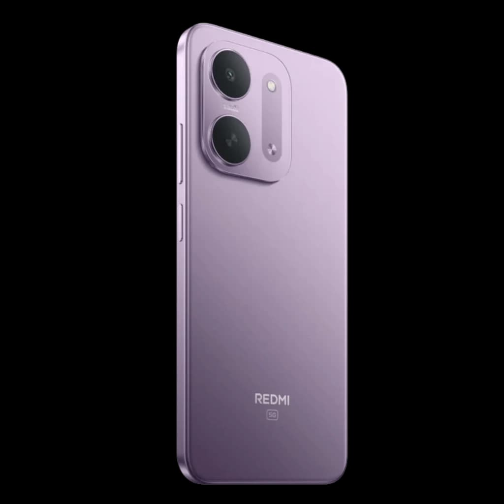 Smartphone violet au dos mat, module photo rectangulaire avec deux grands objectifs et flash, logo Redmi 5G visible, bords arrondis élégants
