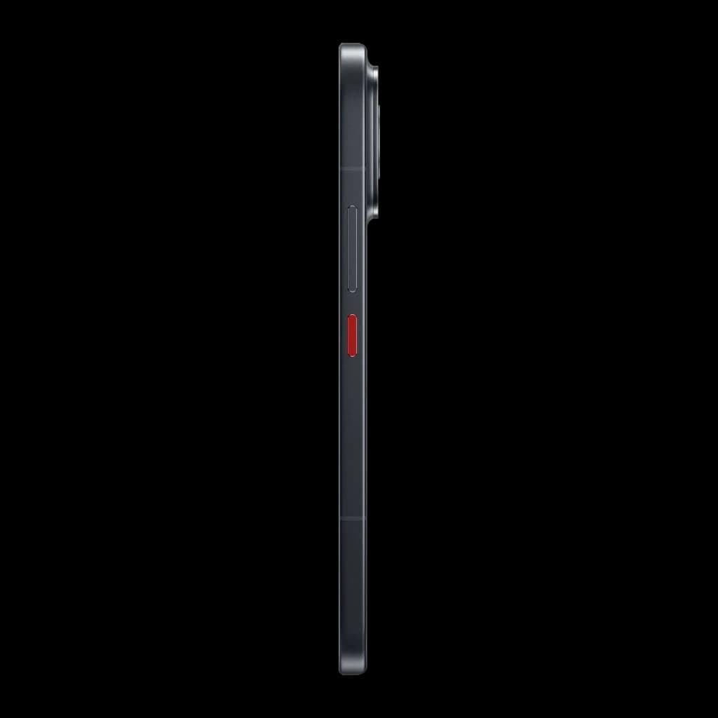 Profil latéral du Xiaomi POCO F9 Ultra 5G noir montrant châssis fin, bouton rouge et module photo arrière proéminent; design épuré et premium