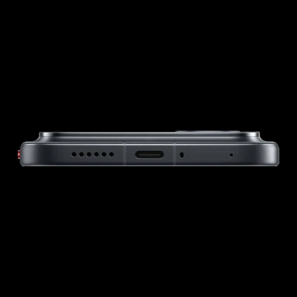 Tranche inférieure du Xiaomi POCO F9 Ultra 5G noir avec port USB C centré, grille de haut‑parleur, micro et module photo arrière proéminent visible en