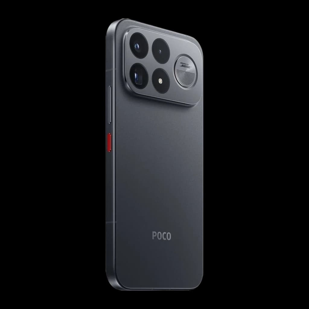 Xiaomi POCO F9 Ultra 5G noir avec dos mat, bords plats, module photo 3 lentilles proéminent et périscope 50 MP 5x OIS, bouton latéral rouge distinctif