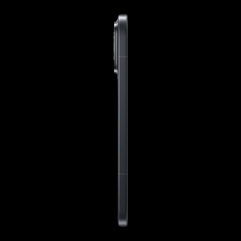 Profil latéral Xiaomi POCO F9 Ultra 5G noir montrant châssis fin en métal et module caméra proéminent avec périscope 5x OIS