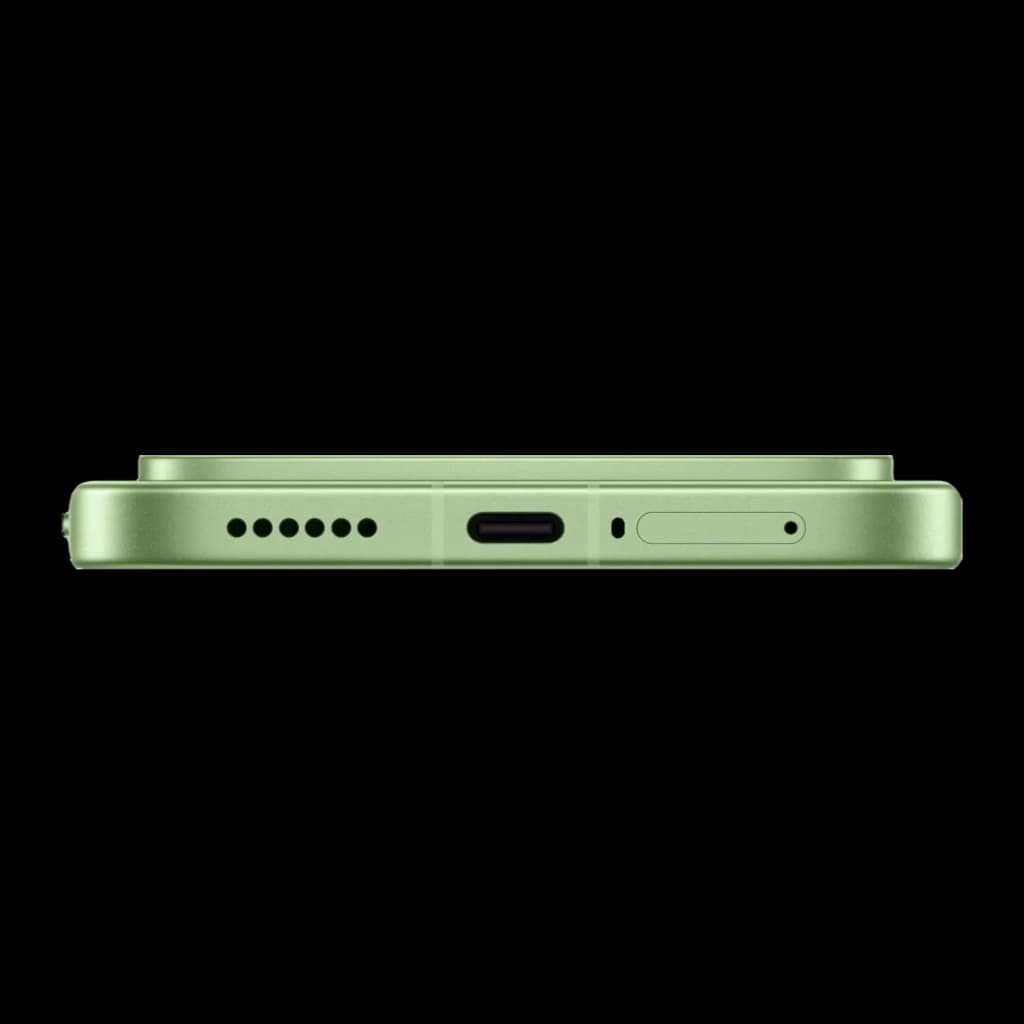 Xiami POCO F9 Pro verde visto por el borde inferior con puerto USB-C centrado, rejilla de altavoz, micrófono y bandeja SIM en chasis metálico recto