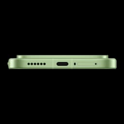 Xiami POCO F9 Pro verde visto por el borde inferior con puerto USB-C centrado, rejilla de altavoz, micrófono y bandeja SIM en chasis metálico recto