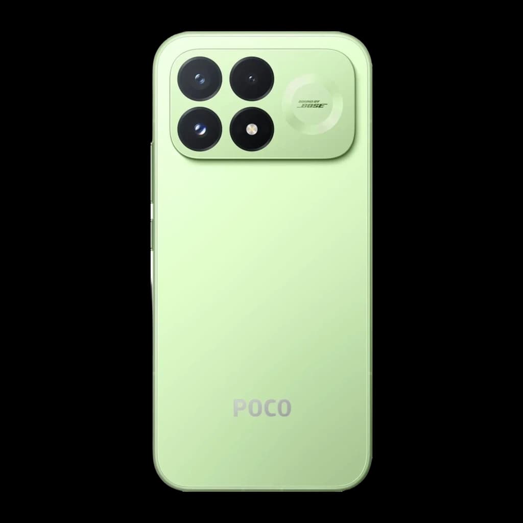 Xiami POCO F9 Pro verde menta con módulo rectangular y triple cámara grande, sensor 200MP OIS destacado, acabado mate y logo POCO en la trasera
