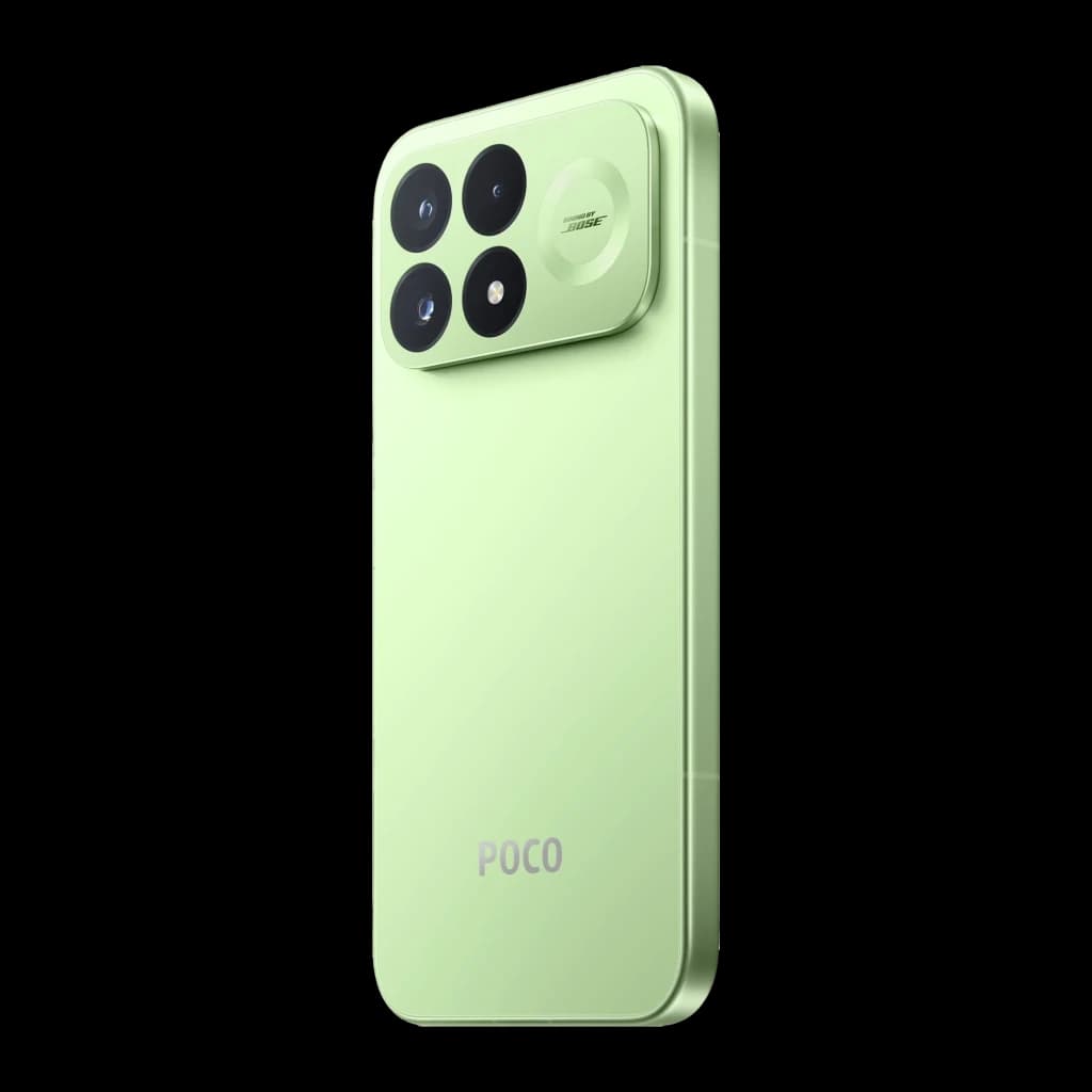 Xiami POCO F9 Pro verde con módulo de cámara triple grande, 200 MP OIS, bordes planos y acabado mate; logo POCO en la parte trasera