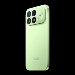 Xiami POCO F9 Pro verde con módulo de cámara triple grande, 200 MP OIS, bordes planos y acabado mate; logo POCO en la parte trasera
