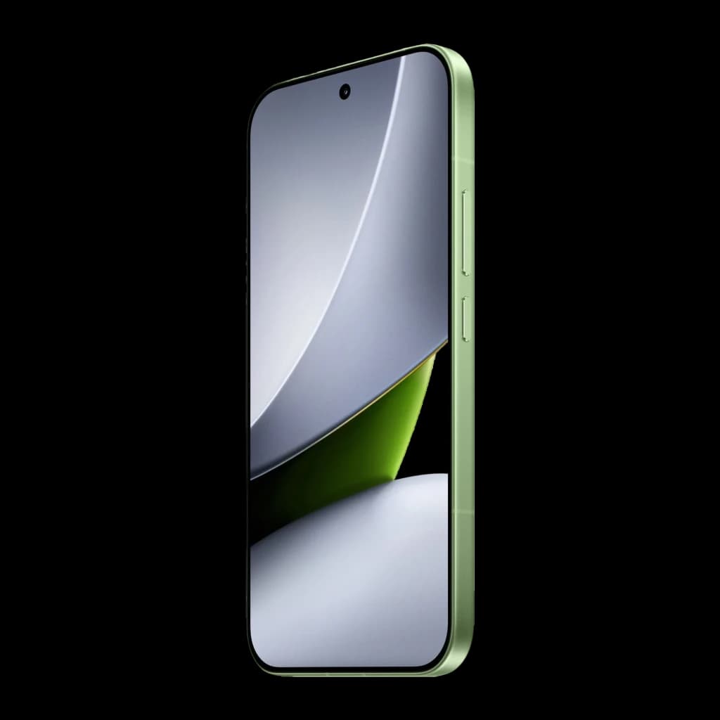 Xiami POCO F9 Pro verde con pantalla borde a borde, orificio centrado para cámara frontal, bordes planos y botones laterales; acabado moderno y minimalista