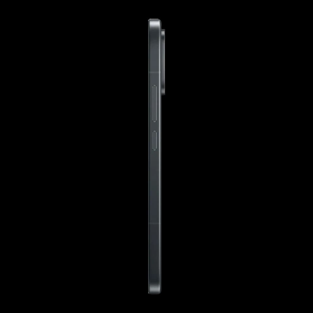Xiami POCO F9 Pro negro visto de perfil: cuerpo delgado, marco metálico, botones de volumen y encendido, módulo de cámara trasero prominente.