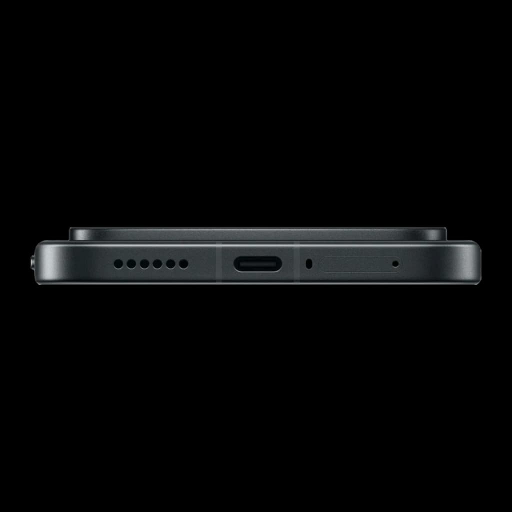 Xiami POCO F9 Pro negro, borde inferior con puerto USB-C centrado, altavoz perforado, micrófono y bandeja SIM; diseño delgado y acabado mate premium