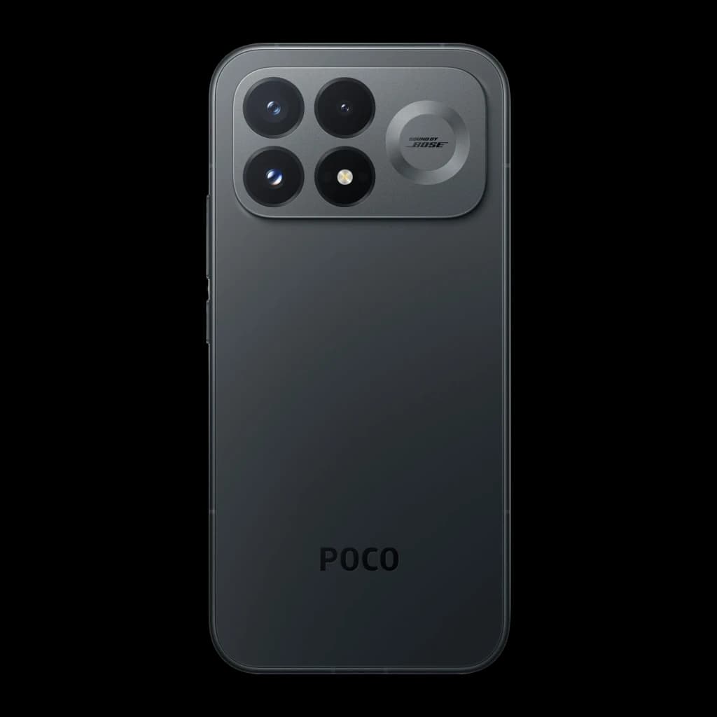 Xiami POCO F9 Pro negro con módulo trasero rectangular, triple cámara grande y flash, acabado mate, logo POCO inferior, bordes planos elegantes
