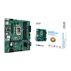 ASUS Pro B760M-CT-CSM Verde, vista con caja: placa base mATX verde junto a su caja de producto Business Motherboard