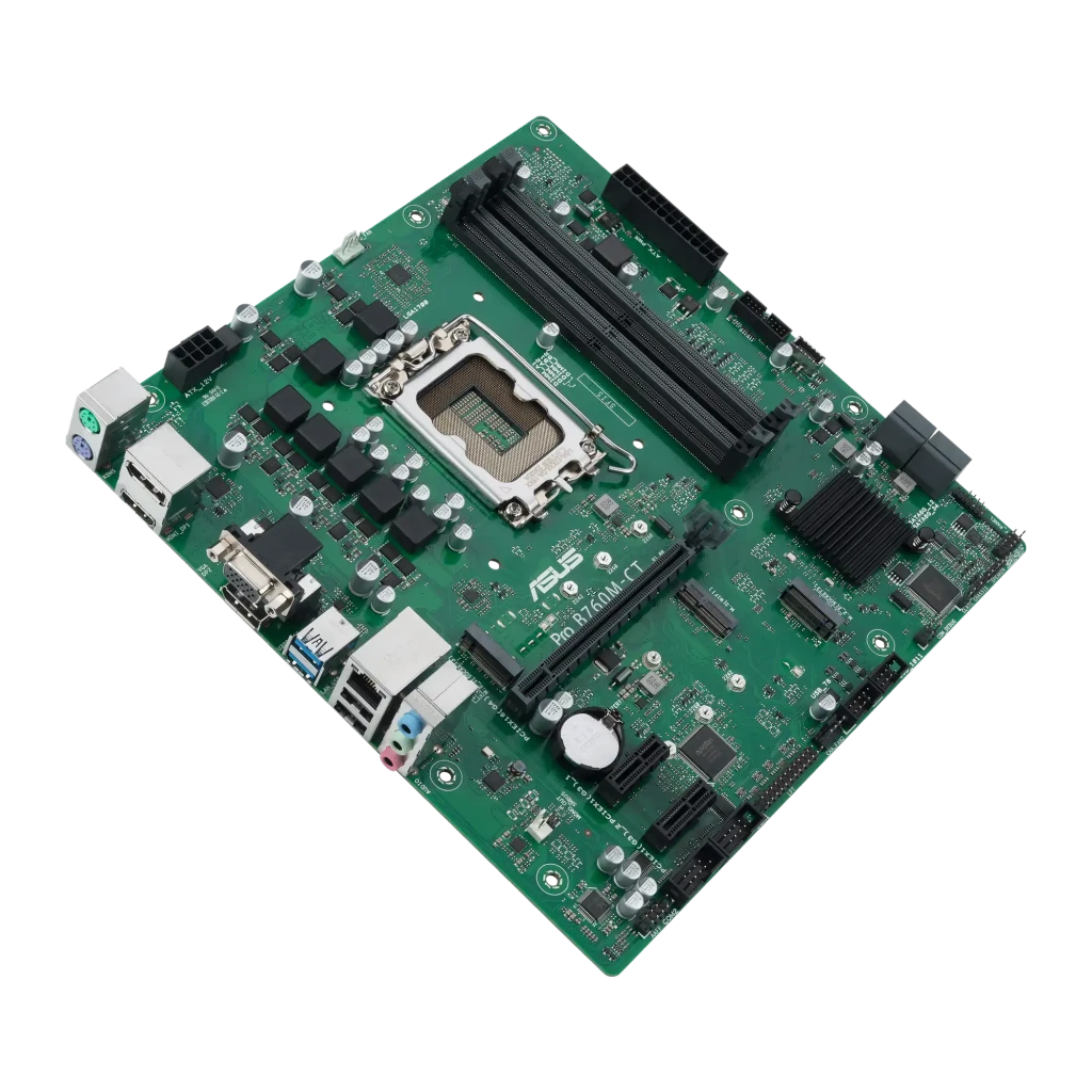 ASUS Pro B760M-CT-CSM Verde, vista con caja: placa base mATX verde junto a su caja de producto Business Motherboard - Ítem2