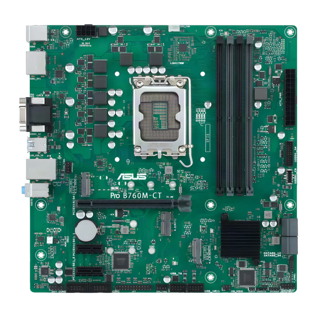 ASUS Pro B760M-CT-CSM Verde, vista con caja: placa base mATX verde junto a su caja de producto Business Motherboard - Ítem3