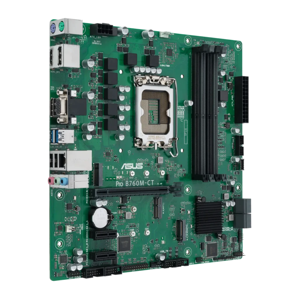 ASUS Pro B760M-CT-CSM Verde, vista con caja: placa base mATX verde junto a su caja de producto Business Motherboard - Ítem1