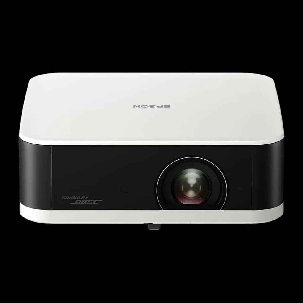 Epson V11HB72040 1080p 3LCD noir et blanc, vue de face: objectif central, logo Bose et corps bicolore