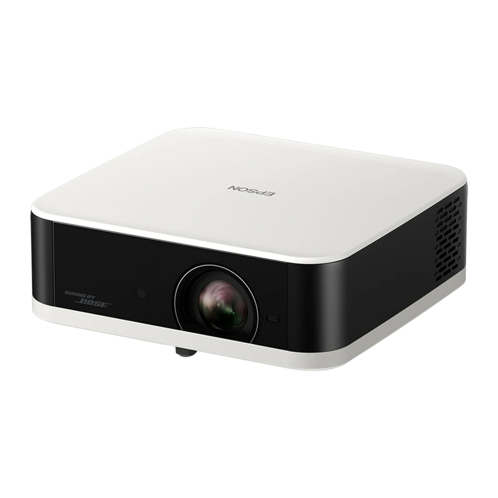 Epson V11HB72040 1080p 3LCD preto e branco, vista frontal: lente central, logo Bose e corpo bicolor - Item1