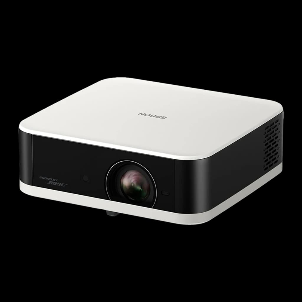 Epson V11HB72040 1080p 3LCD noir et blanc, vue en angle: grilles de ventilation latérales visibles