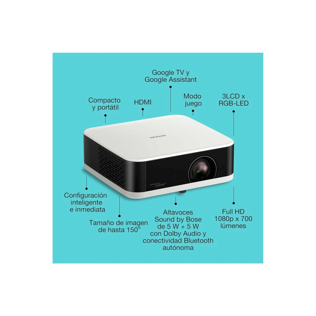 Epson V11HB72040 1080p 3LCD preto e branco, vista frontal: lente central, logo Bose e corpo bicolor - Item5