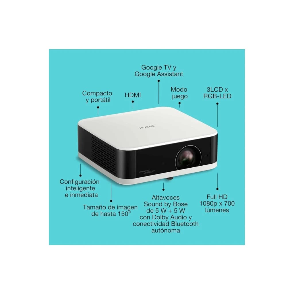Epson V11HB72040 1080p 3LCD 700lm noir, infographie: caractéristiques clés avec textes sur fond turquoise