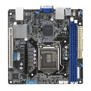 ASUS P12R-I ASMB10 DDR4 Mini-ITX, vista superior: socket LGA1200, ranuras DDR4 azules, chipset ASPEED y puertos I/O