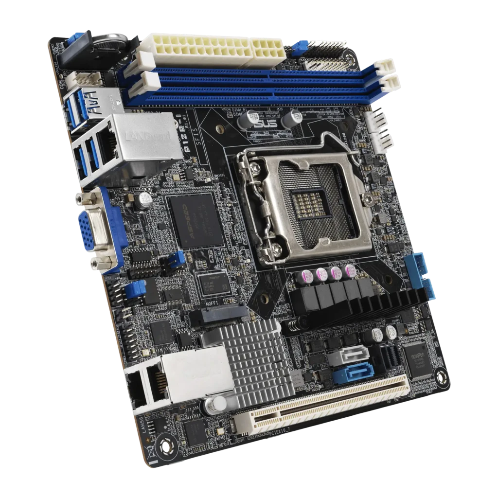 ASUS P12R-I ASMB10 DDR4 Mini-ITX, vista superior: socket LGA1200, ranuras DDR4 azules, chipset ASPEED y puertos I/O - Ítem1