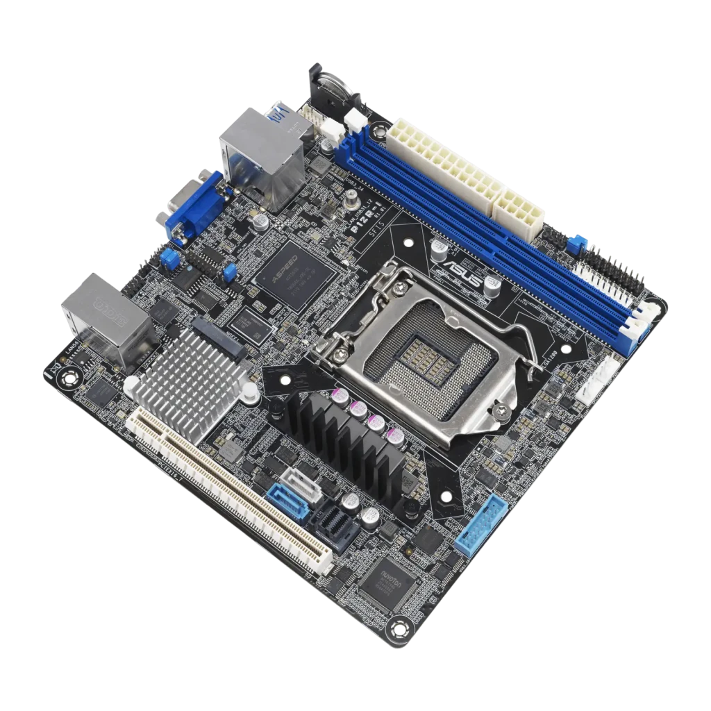 ASUS P12R-I ASMB10 DDR4 Mini-ITX, vista superior: socket LGA1200, ranuras DDR4 azules, chipset ASPEED y puertos I/O - Ítem2