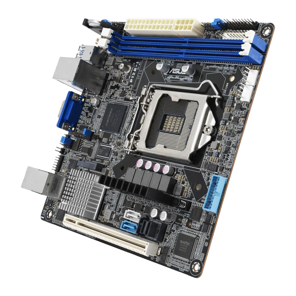ASUS P12R-I ASMB10 DDR4 Mini-ITX, vista superior: socket LGA1200, ranuras DDR4 azules, chipset ASPEED y puertos I/O - Ítem3