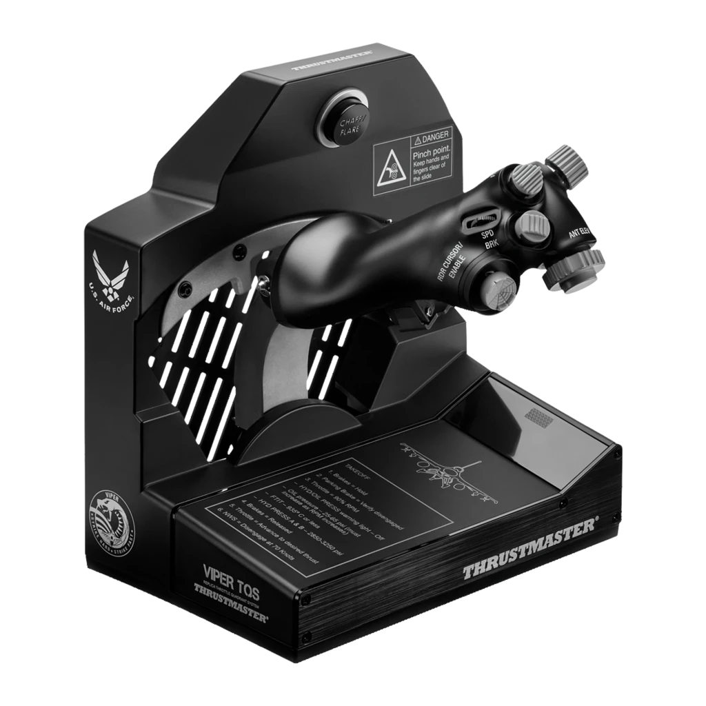 Thrustmaster VIPER TQS Negro, vista frontal: palanca de gases con mandos, ruedas y botón CHAFF/FLARE sobre base metálica - Ítem1