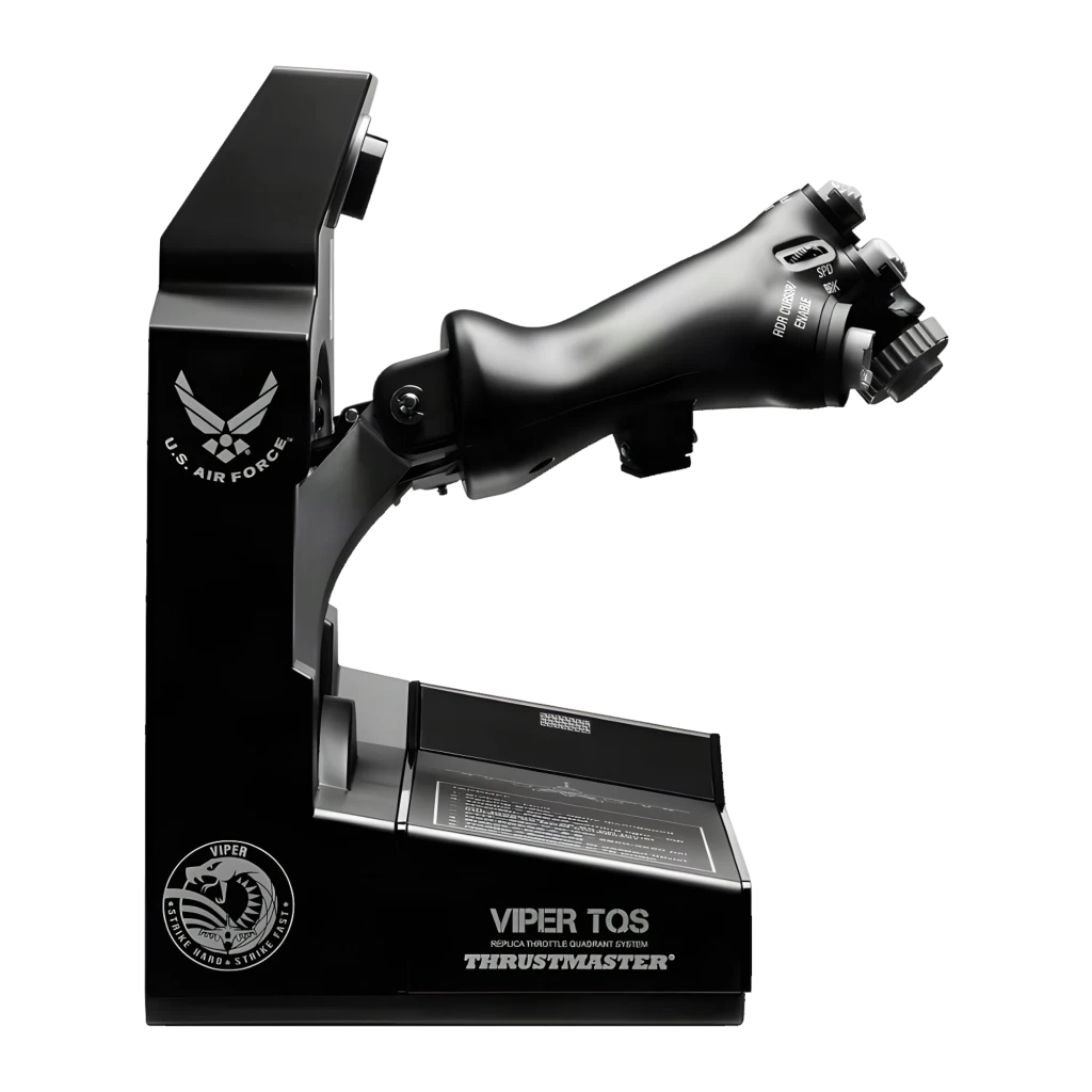 Thrustmaster VIPER TQS Negro, vista frontal: palanca de gases con mandos, ruedas y botón CHAFF/FLARE sobre base metálica - Ítem2