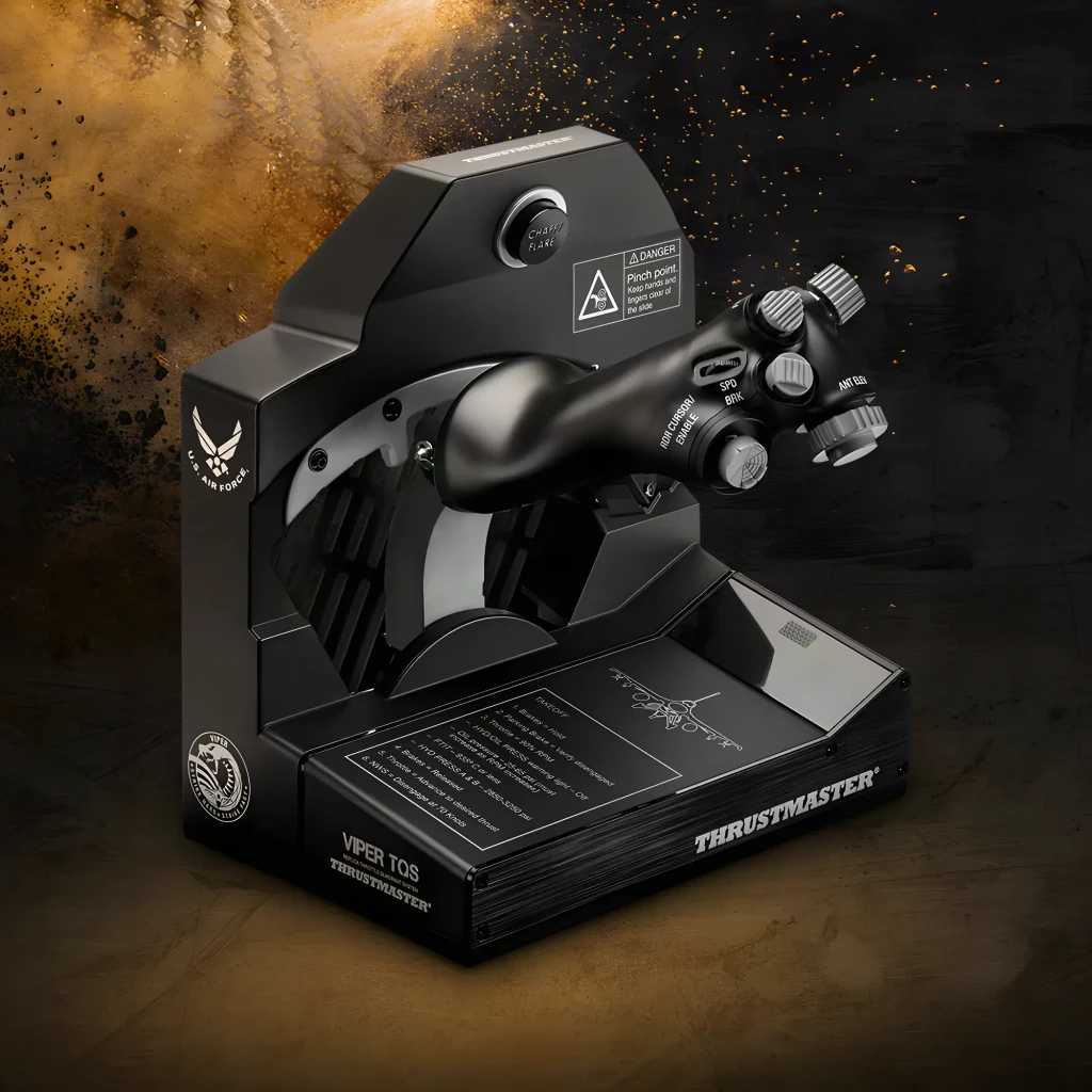 Thrustmaster VIPER TQS Negro, vista frontal: palanca de gases con mandos, ruedas y botón CHAFF/FLARE sobre base metálica - Ítem3