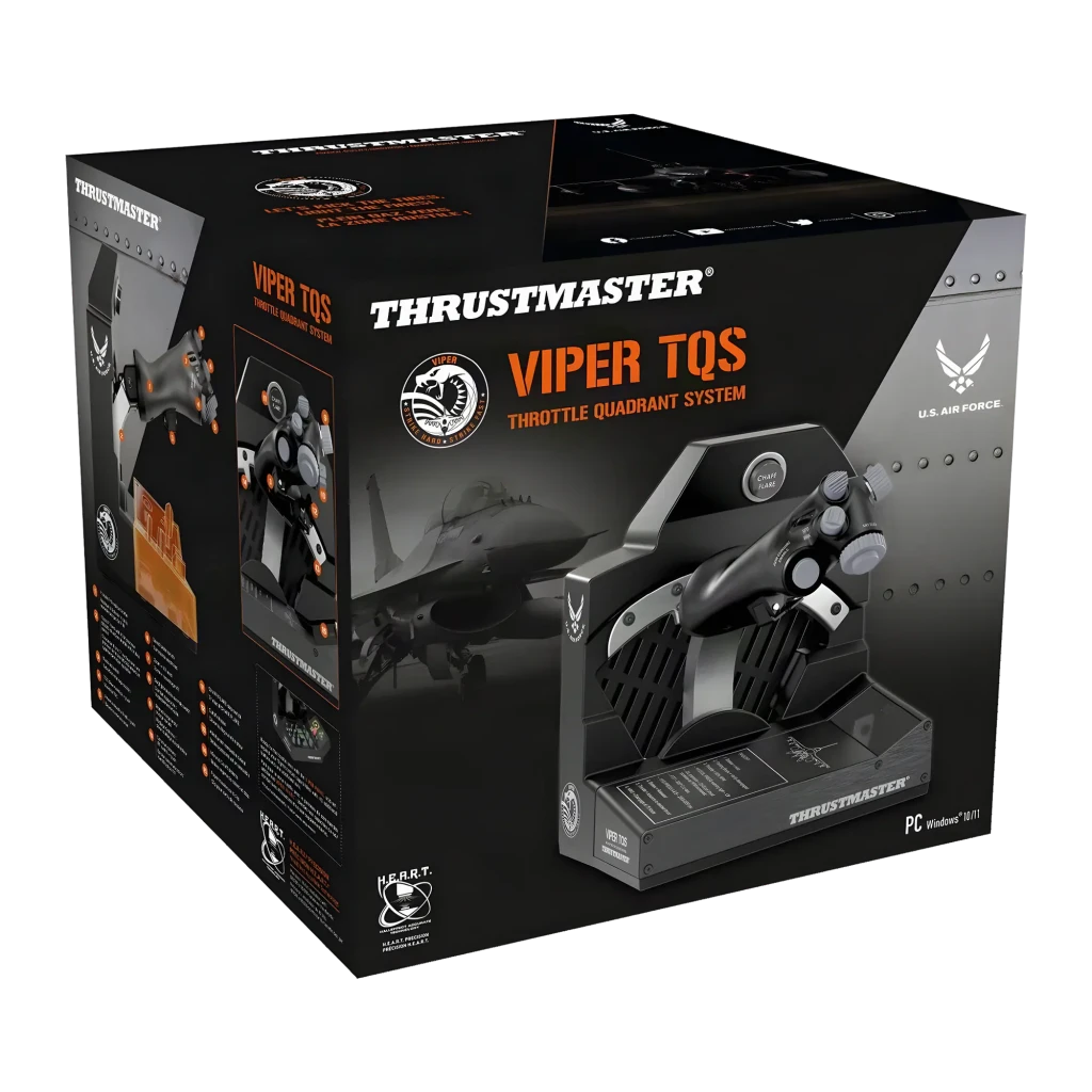 Thrustmaster VIPER TQS Negro, vista frontal: palanca de gases con mandos, ruedas y botón CHAFF/FLARE sobre base metálica - Ítem4