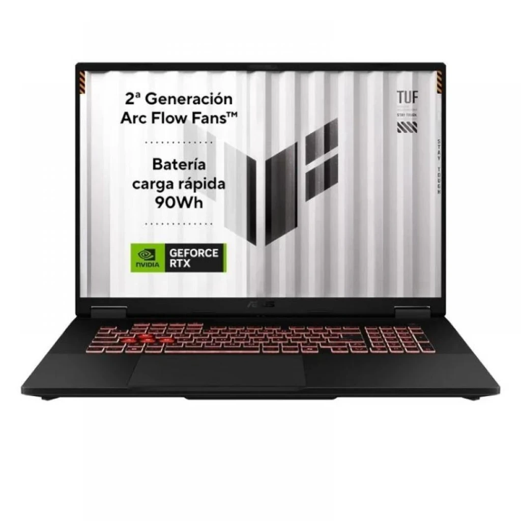 ASUS TUF Gaming F16 1TB gris, vista frontal: pantalla con logo TUF, teclado retroiluminado y bisagras con detalles naranja - Ítem4