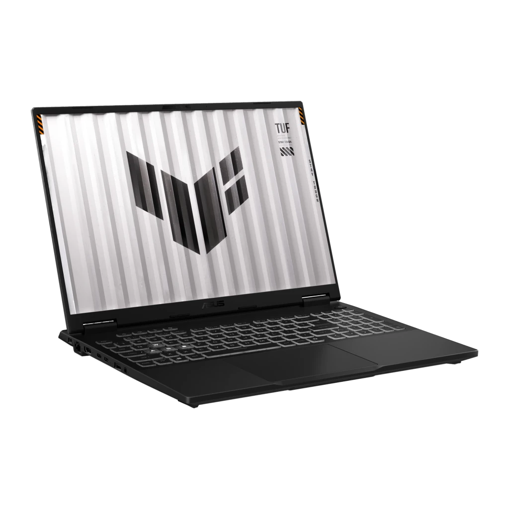 ASUS TUF Gaming F16 1TB gris, vista frontal: pantalla con logo TUF, teclado retroiluminado y bisagras con detalles naranja - Ítem2