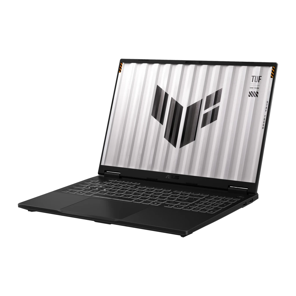 ASUS TUF Gaming F16 1TB gris, vista frontal: pantalla con logo TUF, teclado retroiluminado y bisagras con detalles naranja - Ítem3