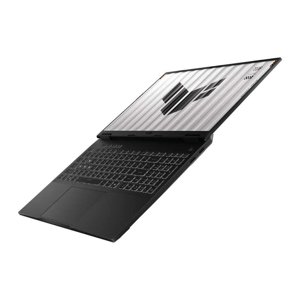 ASUS TUF Gaming F16 1TB gris, vista frontal: pantalla con logo TUF, teclado retroiluminado y bisagras con detalles naranja - Ítem5
