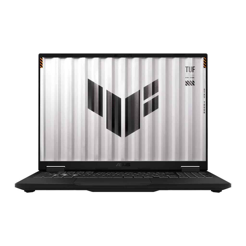 ASUS TUF Gaming F16 1TB gris, vista frontal: pantalla con logo TUF, teclado retroiluminado y bisagras con detalles naranja - Ítem6