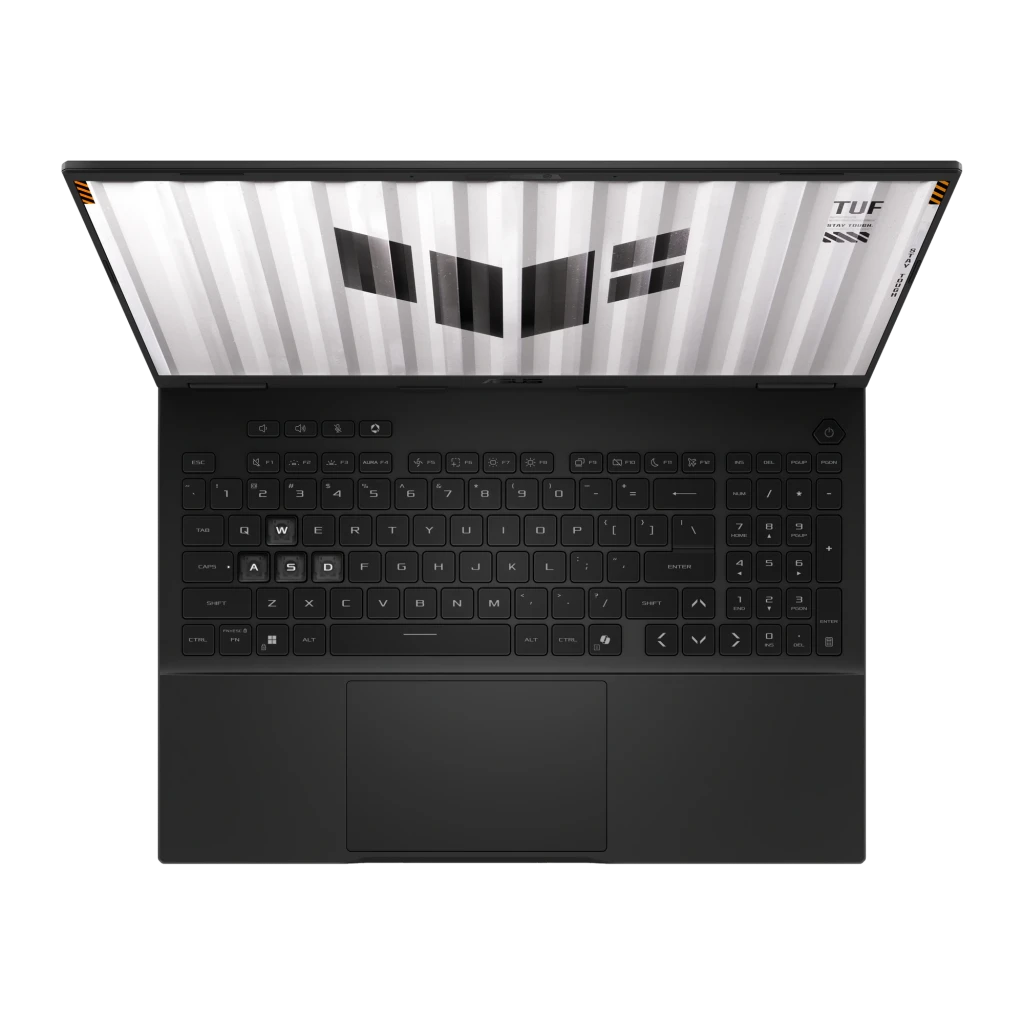 ASUS TUF Gaming F16 1TB gris, vista frontal: pantalla con logo TUF, teclado retroiluminado y bisagras con detalles naranja - Ítem7