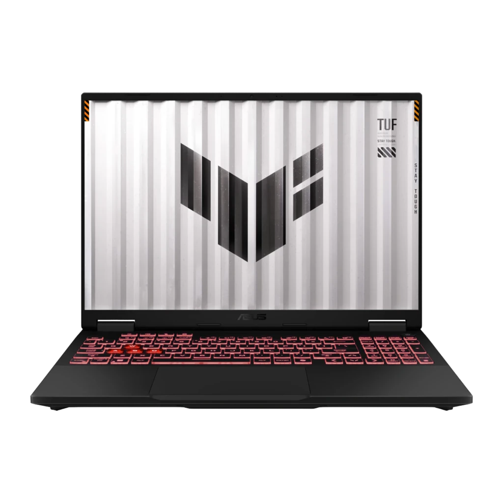 ASUS TUF Gaming F16 1TB gris, vista frontal: pantalla con logo TUF, teclado retroiluminado y bisagras con detalles naranja - Ítem1
