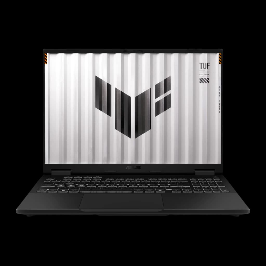 ASUS TUF Gaming F16 1TB gris Jager, vista frontal abierta: pantalla con logo TUF y teclado retroiluminado QWERTY