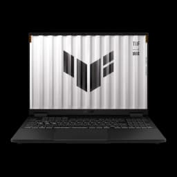 ASUS TUF Gaming F16 1TB gris Jager, vista frontal abierta: pantalla con logo TUF y teclado retroiluminado QWERTY