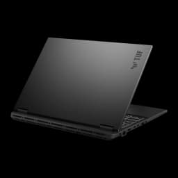 ASUS TUF Gaming F16 1TB gris, vista trasera en ángulo derecho: tapa con logo TUF, bisagras y puertos laterales
