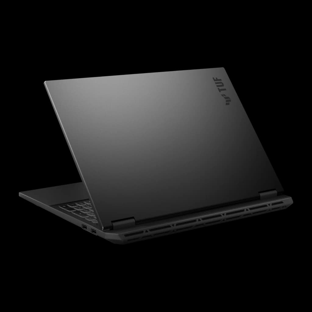 ASUS TUF Gaming F16 1TB gris, vista trasera en ángulo izquierdo: tapa con logo TUF, rejilla de ventilación trasera