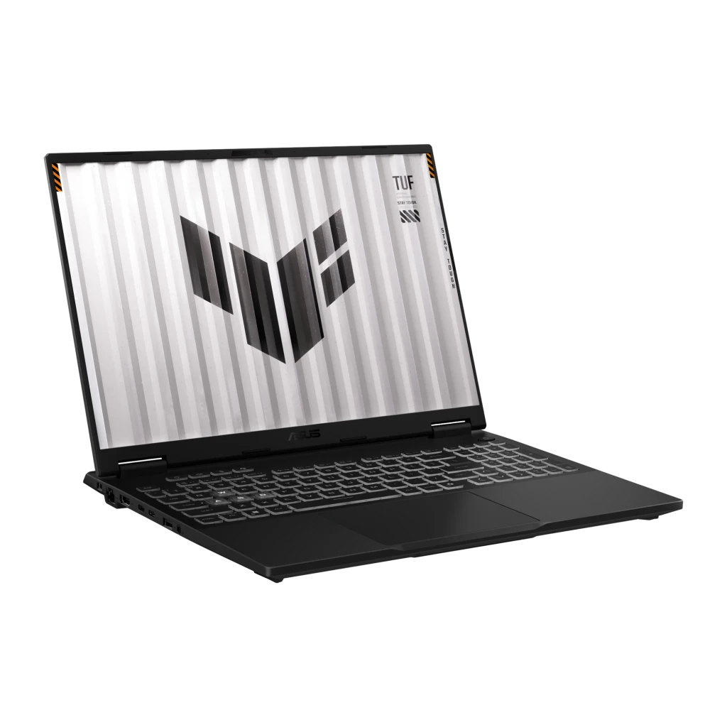 ASUS TUF Gaming F16 1TB gris Jager, vista frontal abierta: pantalla con logo TUF y teclado retroiluminado QWERTY - Ítem1