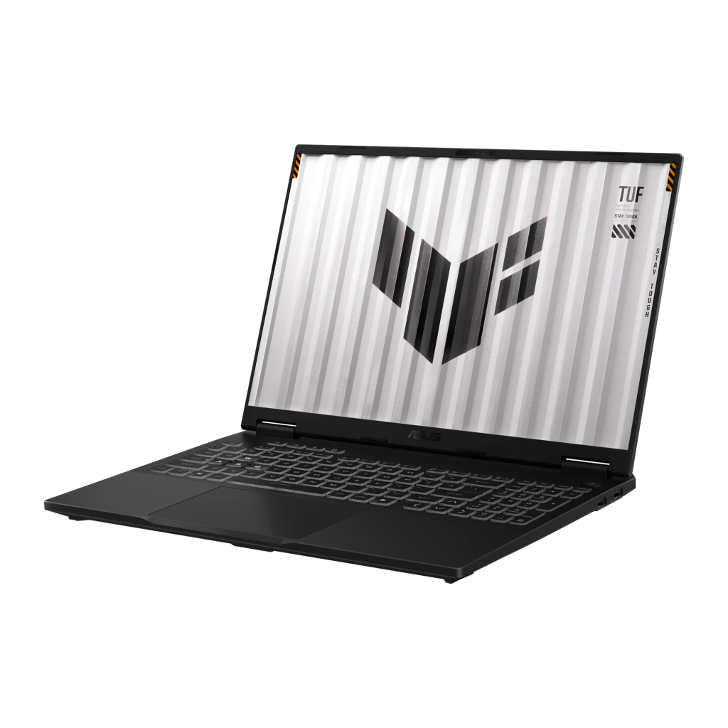 ASUS TUF Gaming F16 1TB gris Jager, vista frontal abierta: pantalla con logo TUF y teclado retroiluminado QWERTY - Ítem4