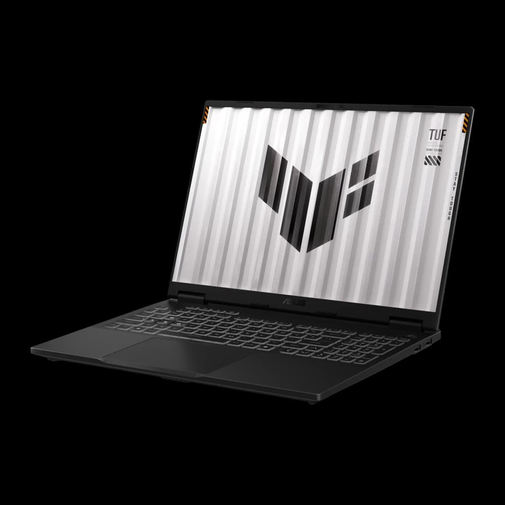 ASUS TUF Gaming F16 TUF608JPR 1TB gris, vista en ángulo: pantalla con logo TUF y teclado retroiluminado visibles