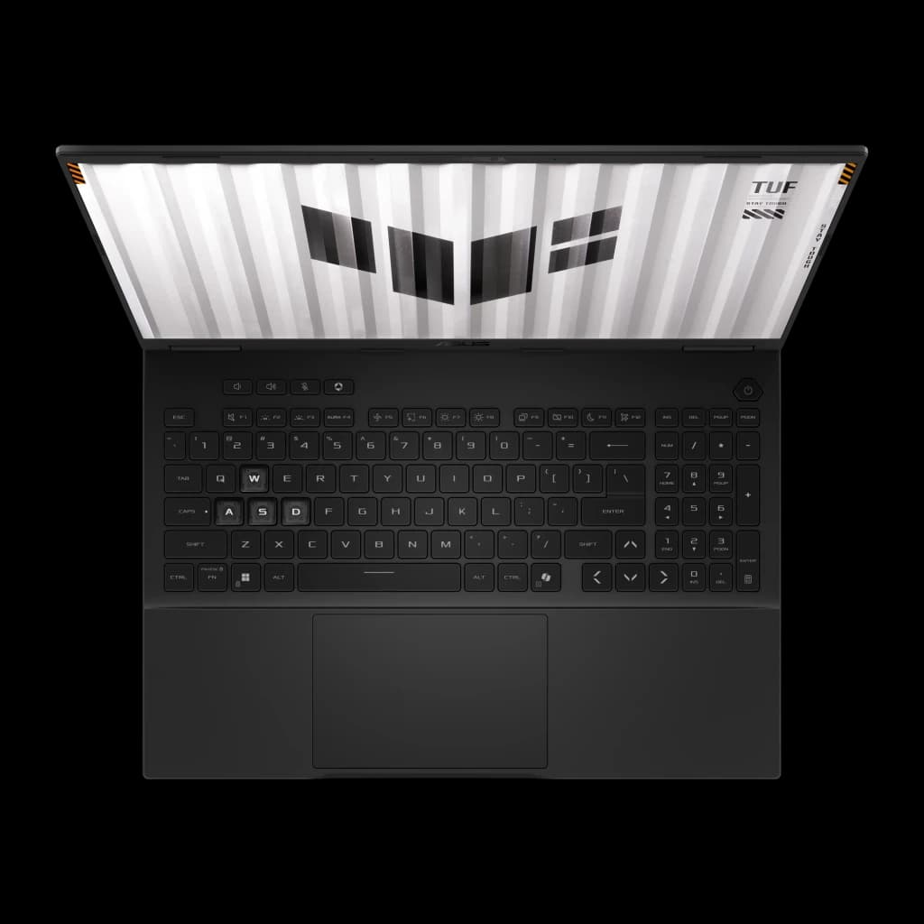 ASUS TUF Gaming F16 1TB Gris Jager, vista superior: teclado QWERTY español, touchpad y pantalla con logo TUF