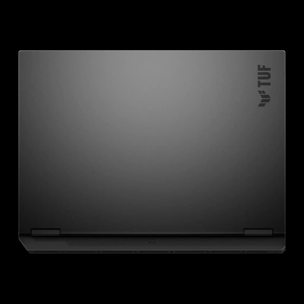 ASUS TUF Gaming F16 1TB gris, vista trasera: tapa cerrada con logo TUF en esquina superior derecha y textura mate