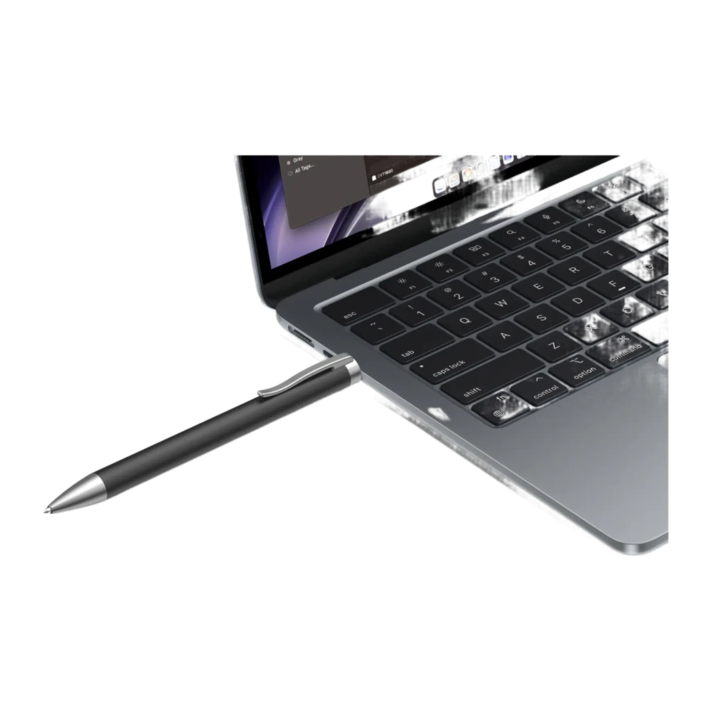 Philips Gravador de voz DVT1600 32GB preto e prata, vista lateral: design de caneta com clip e ponta stylus prateados - Item4