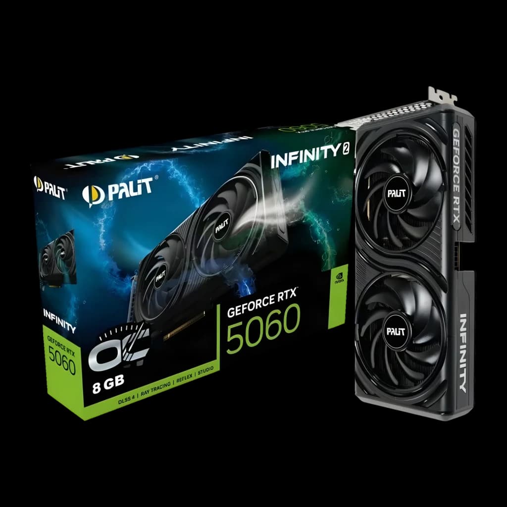 Palit GeForce RTX 5060 Infinity 2 OC 8GB negro, tarjeta y caja: vista frontal con doble ventilador y packaging